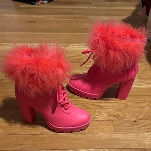 Neon Pink Fur-Trimmed Platform Booties